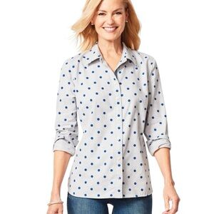Talbots 100% Cotton Flannel Light Gray & Blue Polka Dot Button Front Shirt